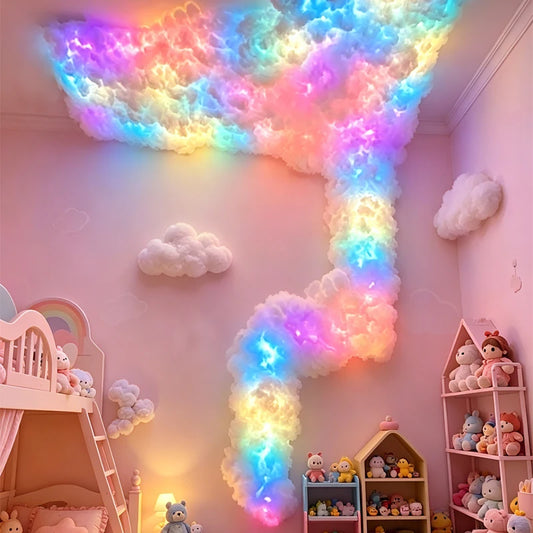 A pastel pink children's bedroom decorated with glowing rainbow cloud-shaped wall lights, white cloud decals, a pink bunk bed, and shelves of stuffed toys.